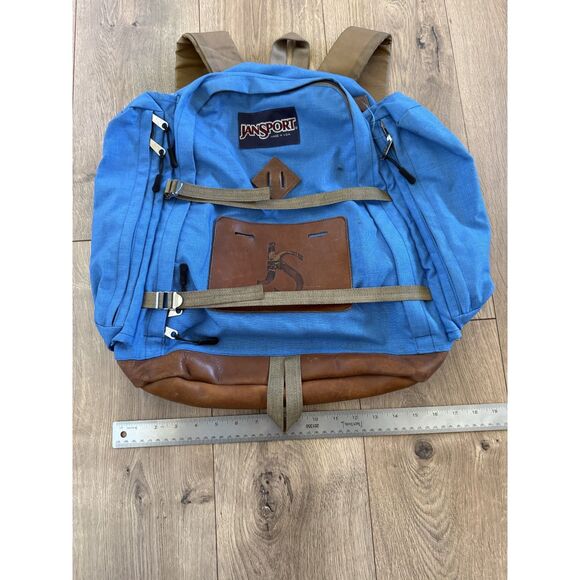 JANSPORT Vintage 80s Leather Bottom Hiking Backpack Daypack Outdoors USA Blue - Picture 10 of 12